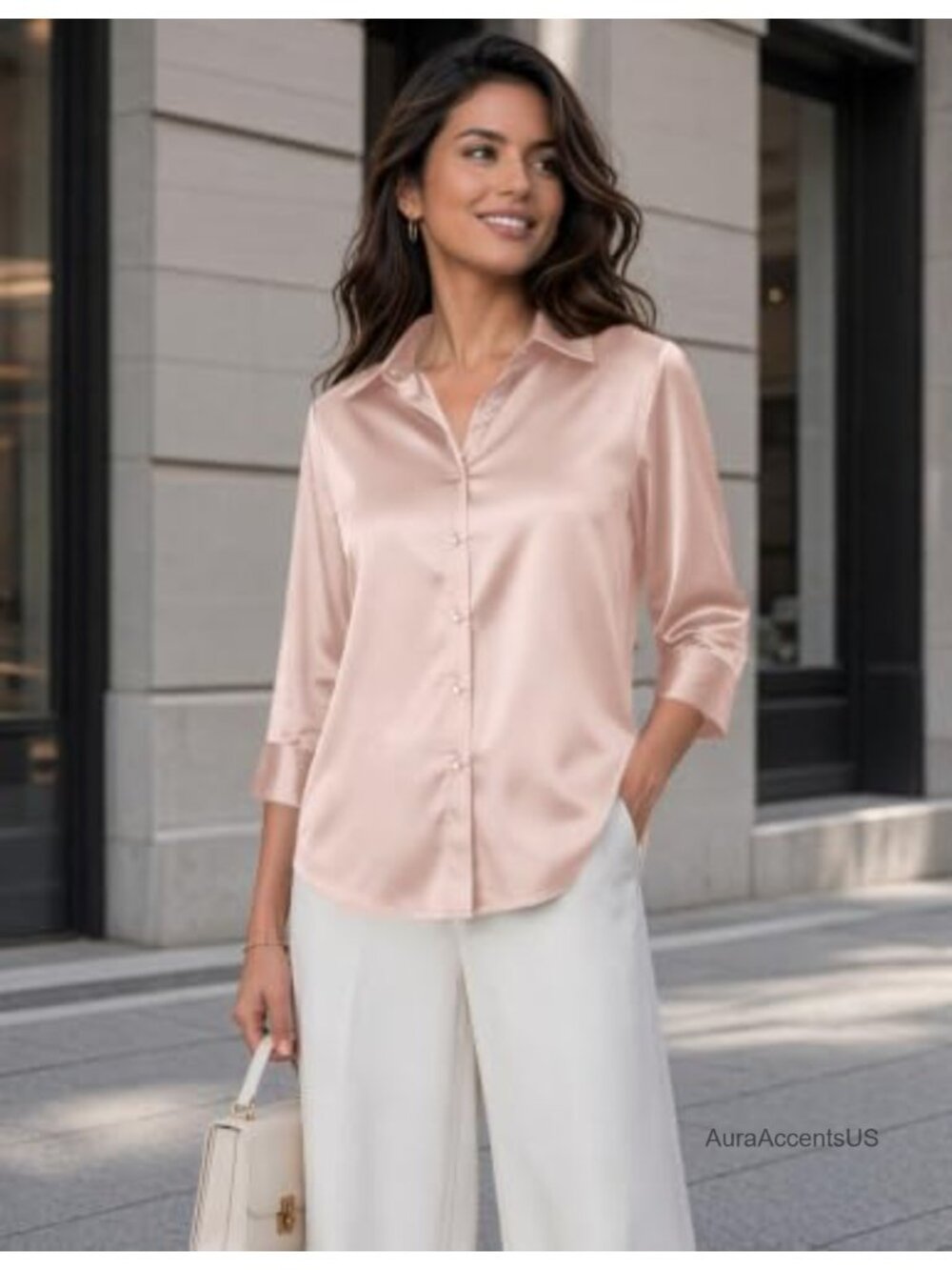 Satin Button Down Shirt 3/4 Sleeve Women's Blouse Dressy - Picture 2 of 6